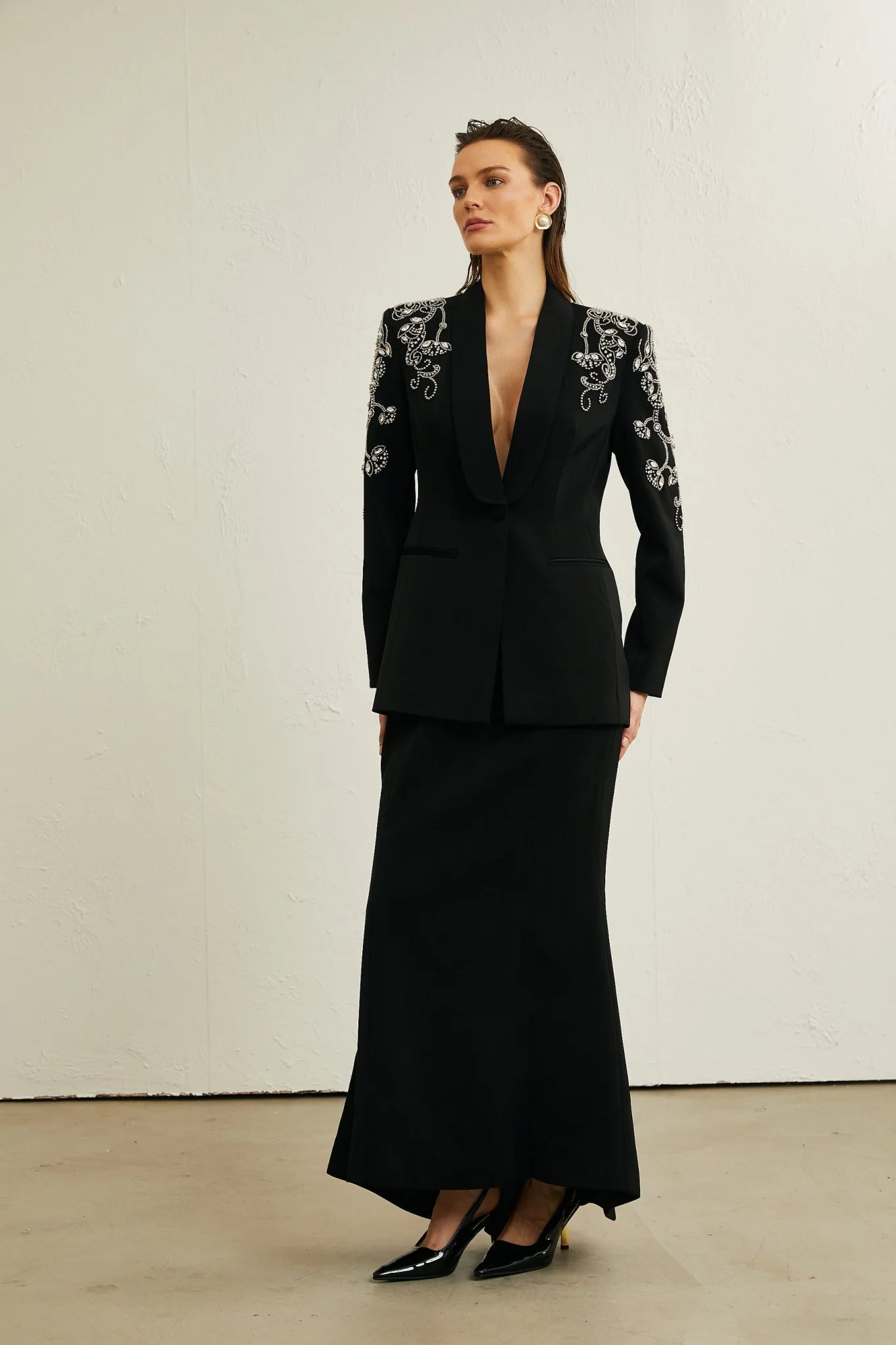 Ilenia Jacket & Skirt - V Neck - Crystal embellishment - Front button fastening - Mermaid design