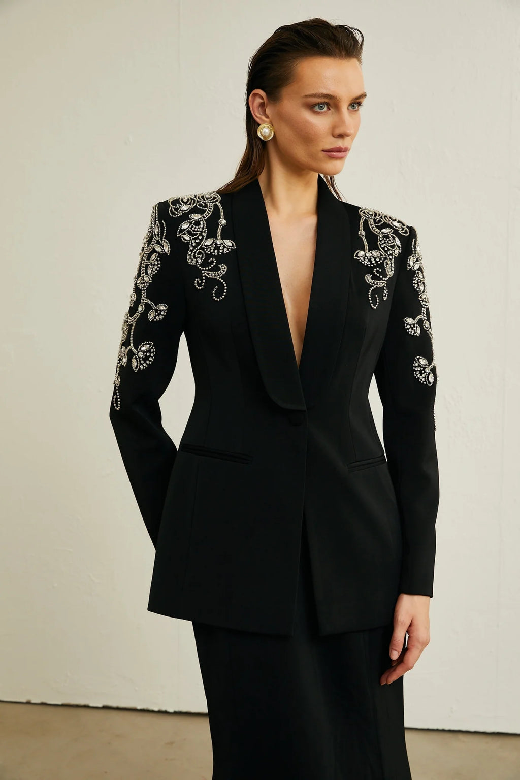 Ilenia Jacket & Skirt - V Neck - Crystal embellishment - Front button fastening - Mermaid design