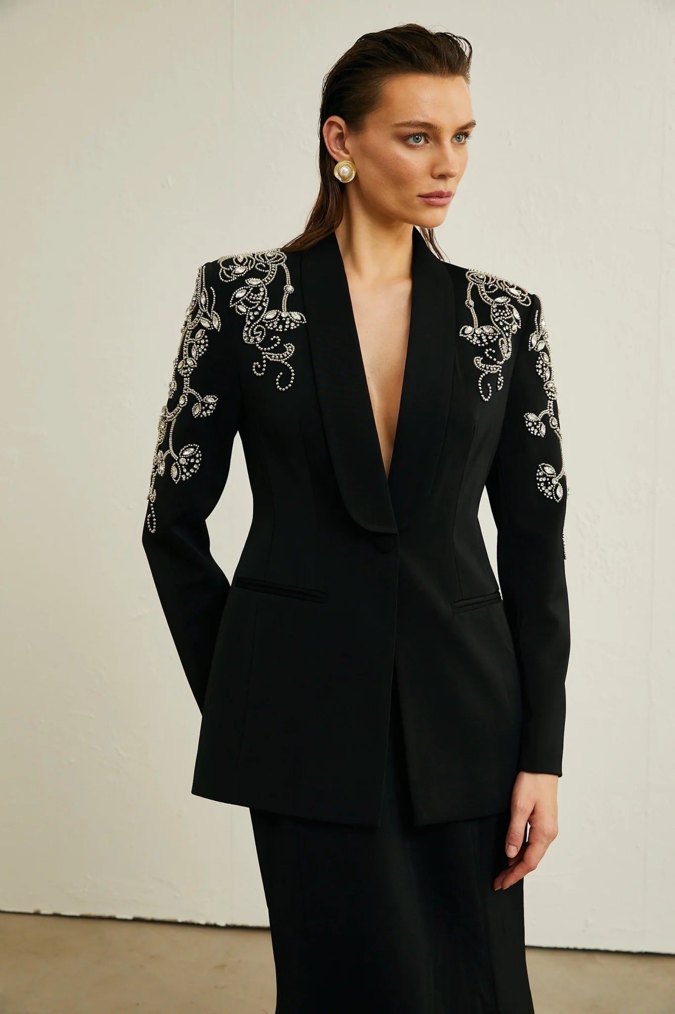 Ilenia Jacket & Skirt - V Neck - Crystal embellishment - Front button fastening - Mermaid design