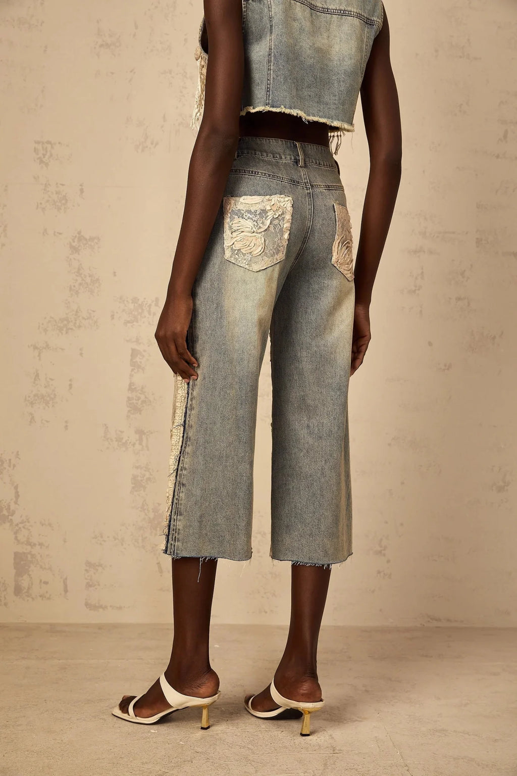 Iliana Denim Jeans Blue & White Lace Panel Wide Leg