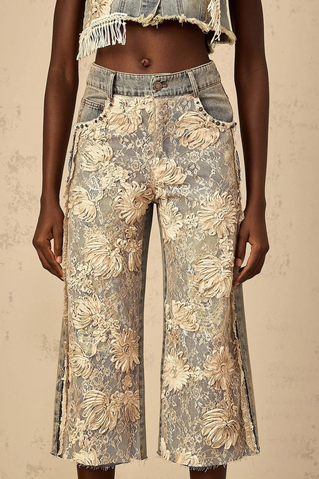 Iliana Denim Jeans Blue & White Lace Panel Wide Leg