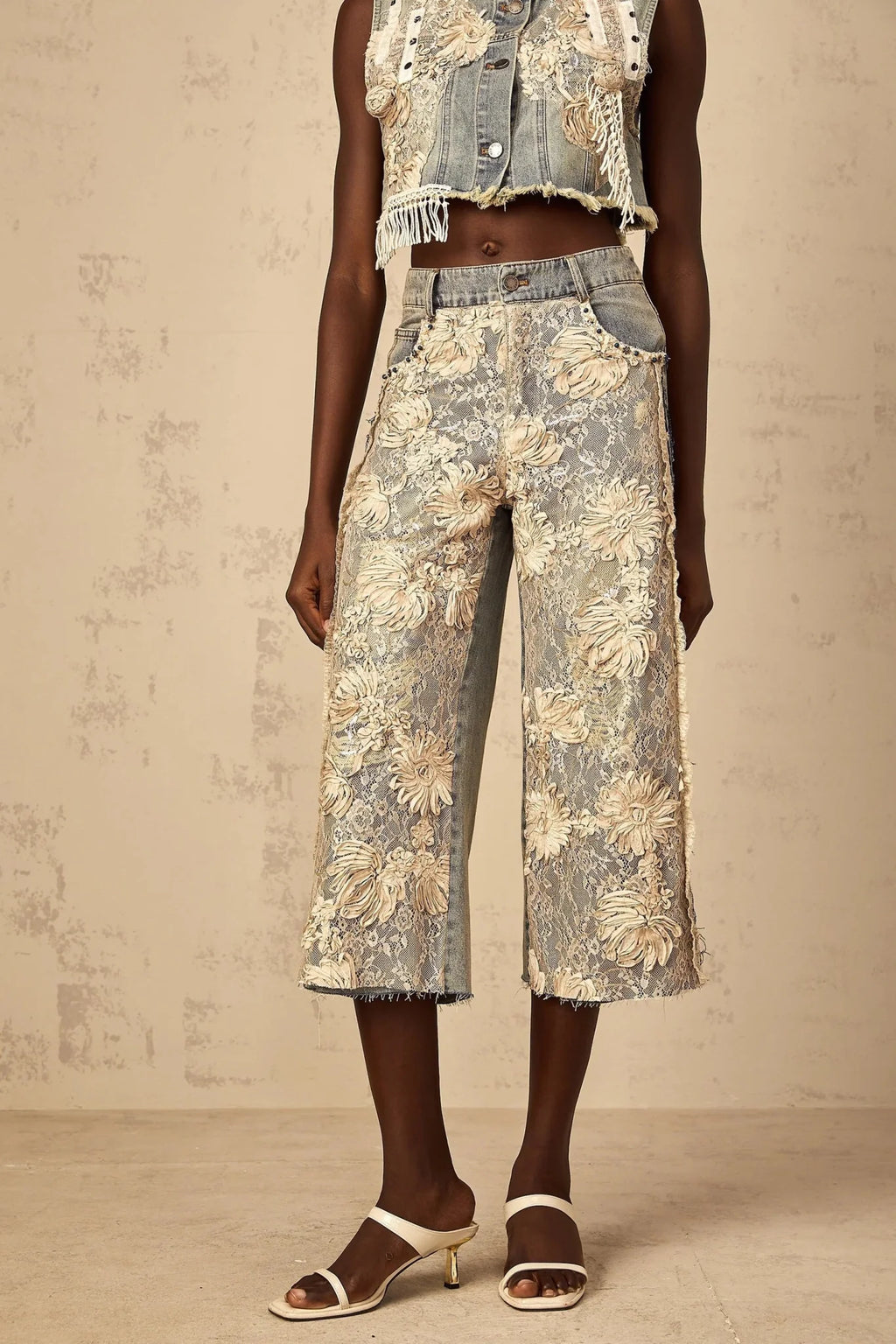 Iliana Denim Jeans Blue & White Lace Panel Wide Leg