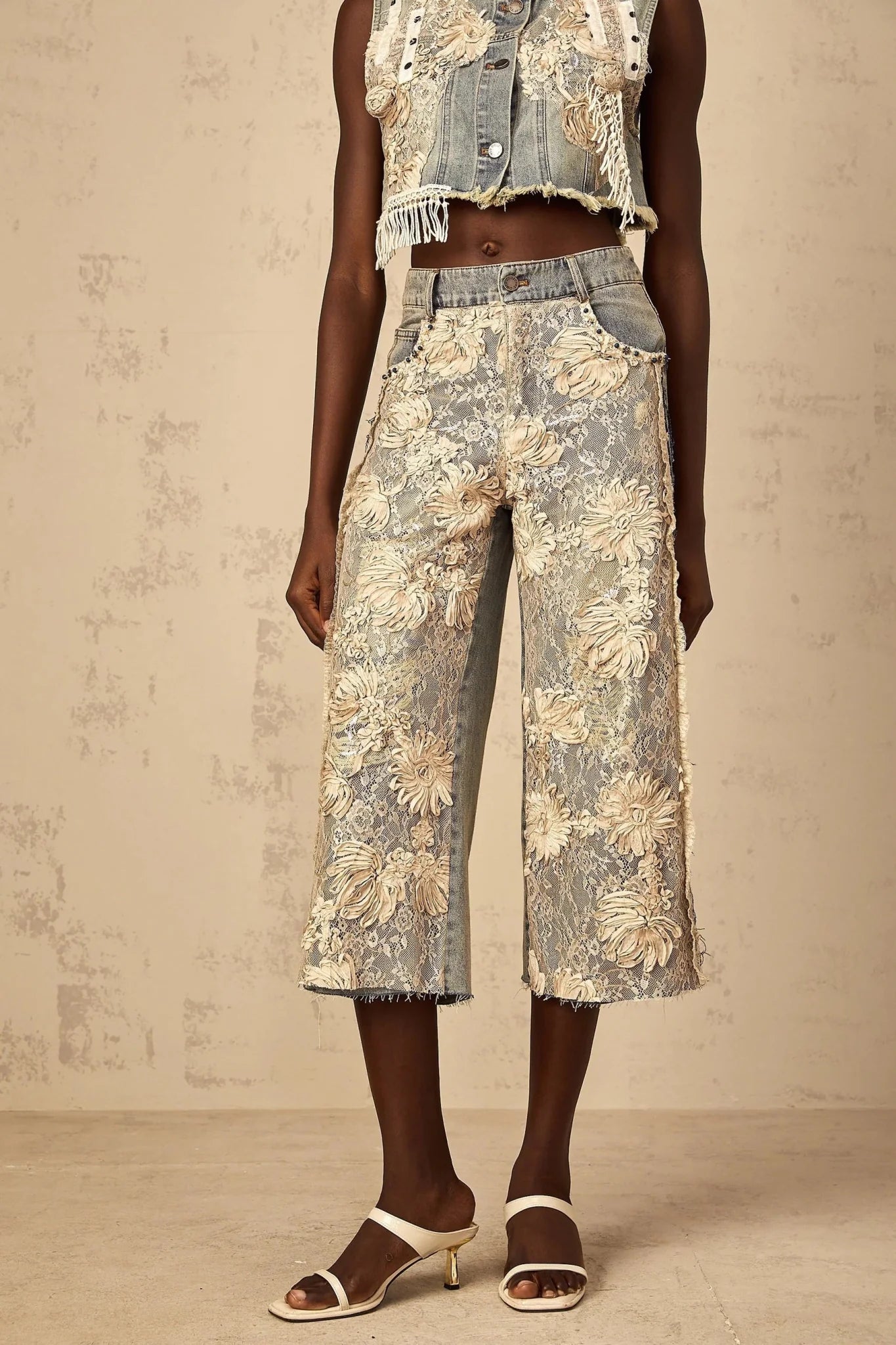 Iliana Denim Jeans Blue & White Lace Panel Wide Leg