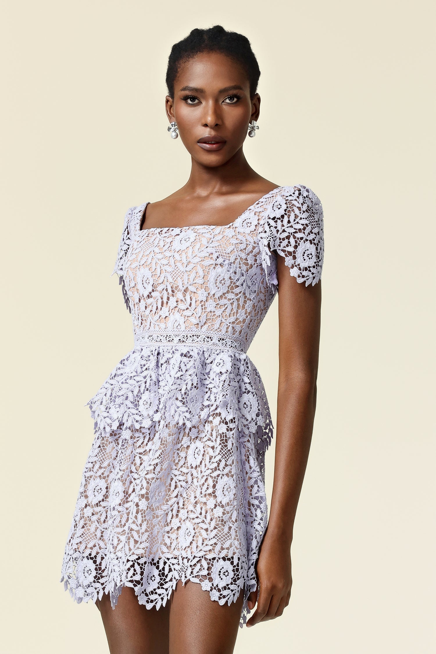 Iliana Lavender Lace Square Neckline Mini Dress
