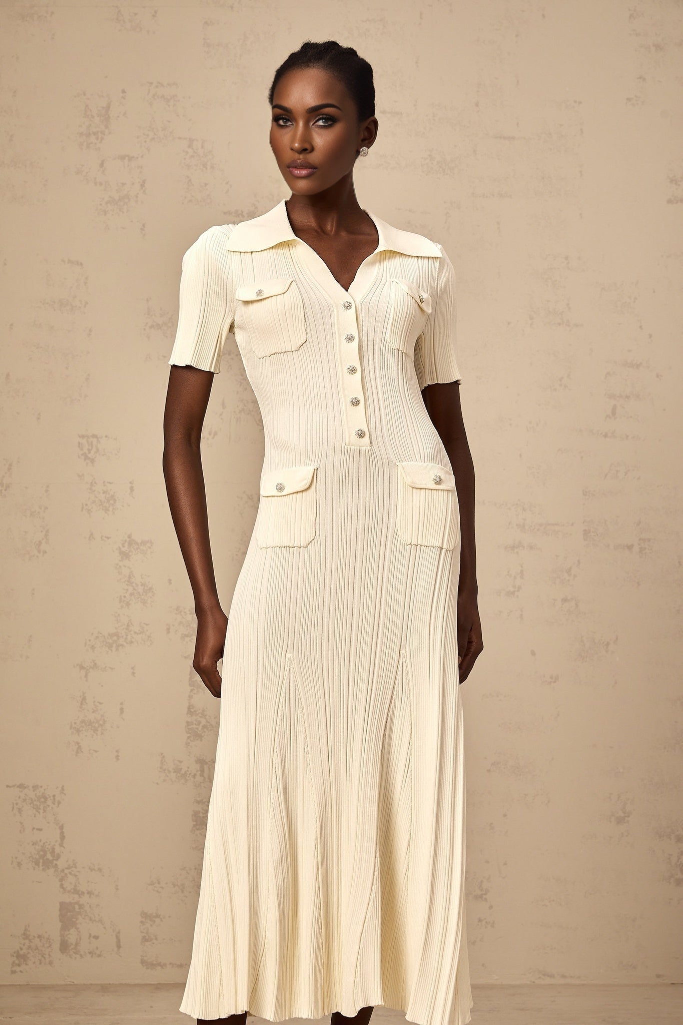 Iliana Midi Dress - Ribbed Knit - Stretch Design - V - Neck - Flared Hem - Patch Pockets