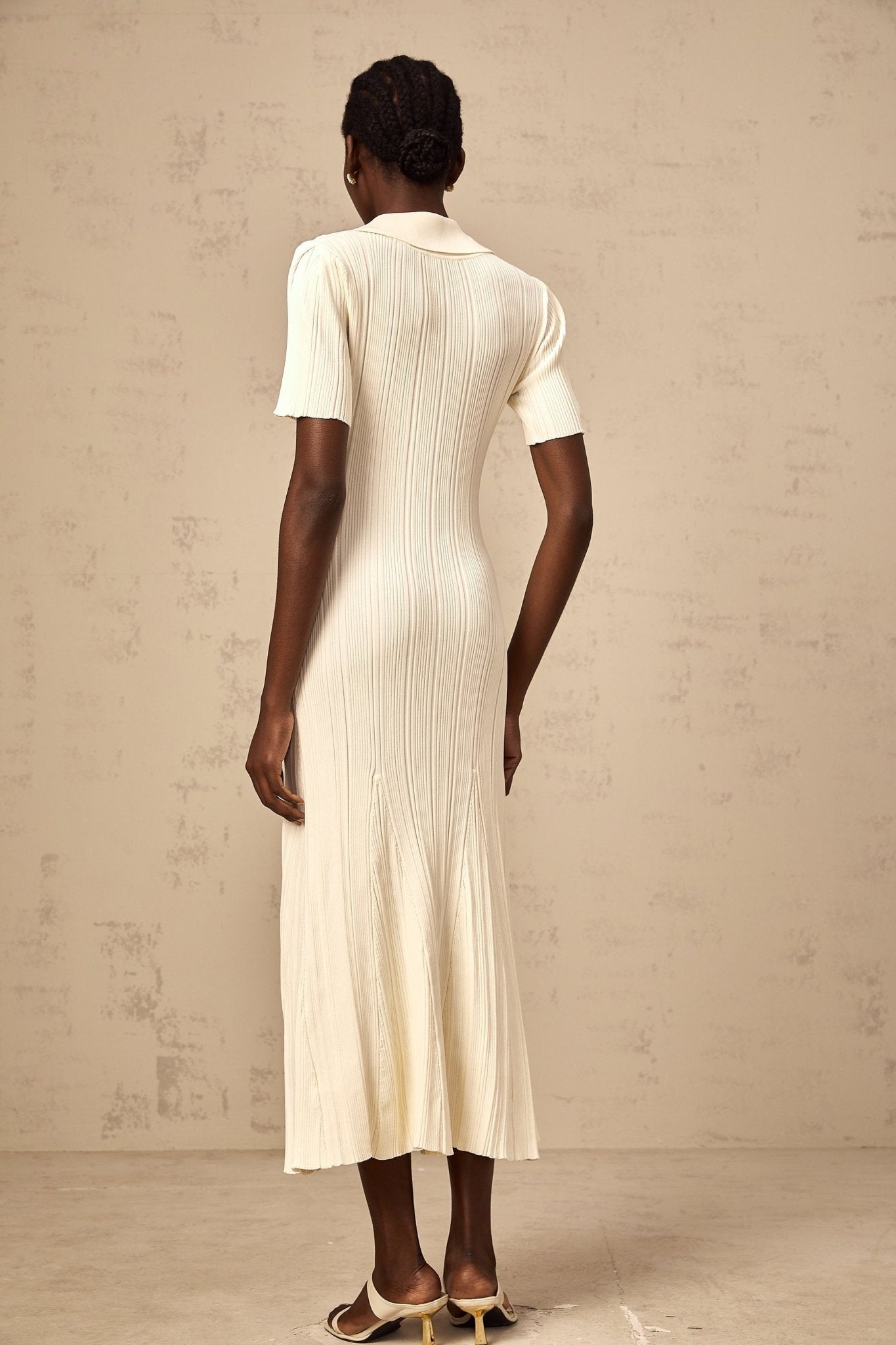 Iliana Midi Dress - Ribbed Knit - Stretch Design - V - Neck - Flared Hem - Patch Pockets