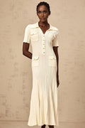 Iliana Midi Dress - Ribbed Knit - Stretch Design - V - Neck - Flared Hem - Patch Pockets