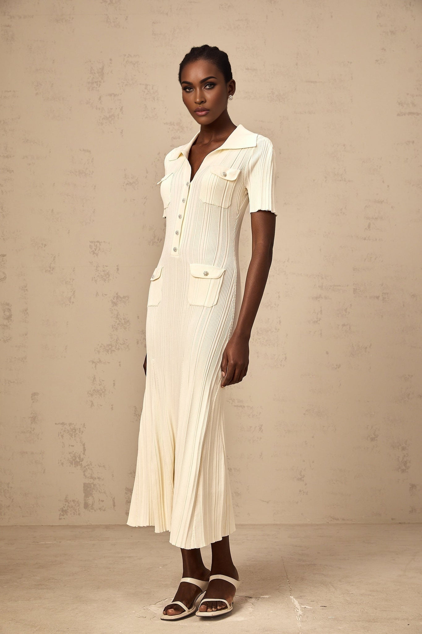 Iliana Midi Dress - Ribbed Knit - Stretch Design - V - Neck - Flared Hem - Patch Pockets