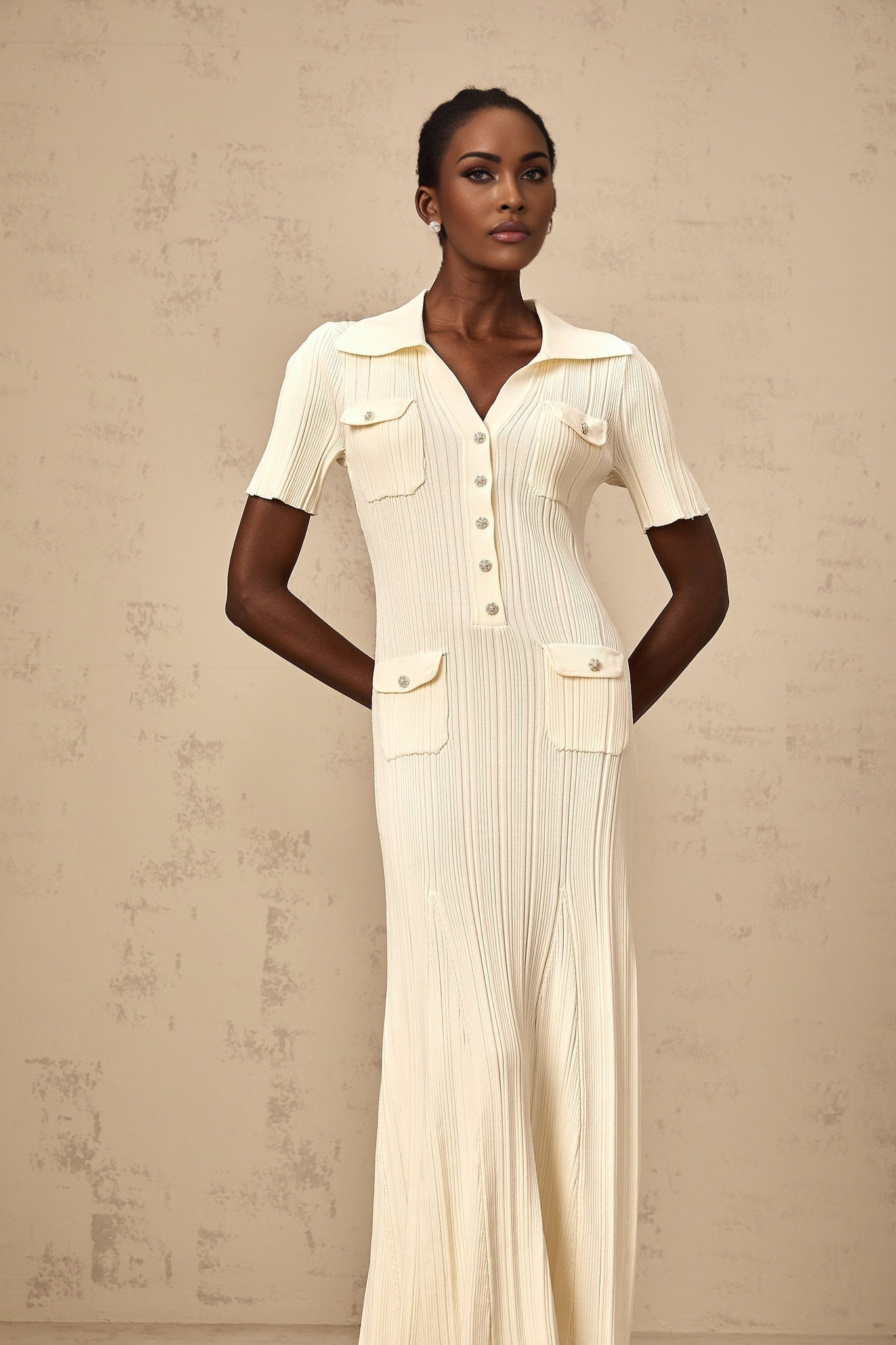 Iliana Midi Dress - Ribbed Knit - Stretch Design - V - Neck - Flared Hem - Patch Pockets