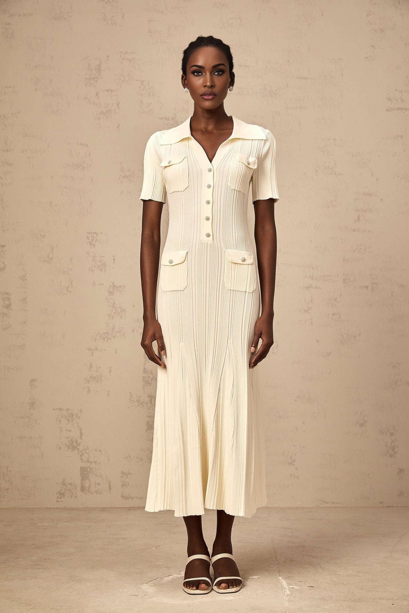 Iliana Midi Dress - Ribbed Knit - Stretch Design - V - Neck - Flared Hem - Patch Pockets