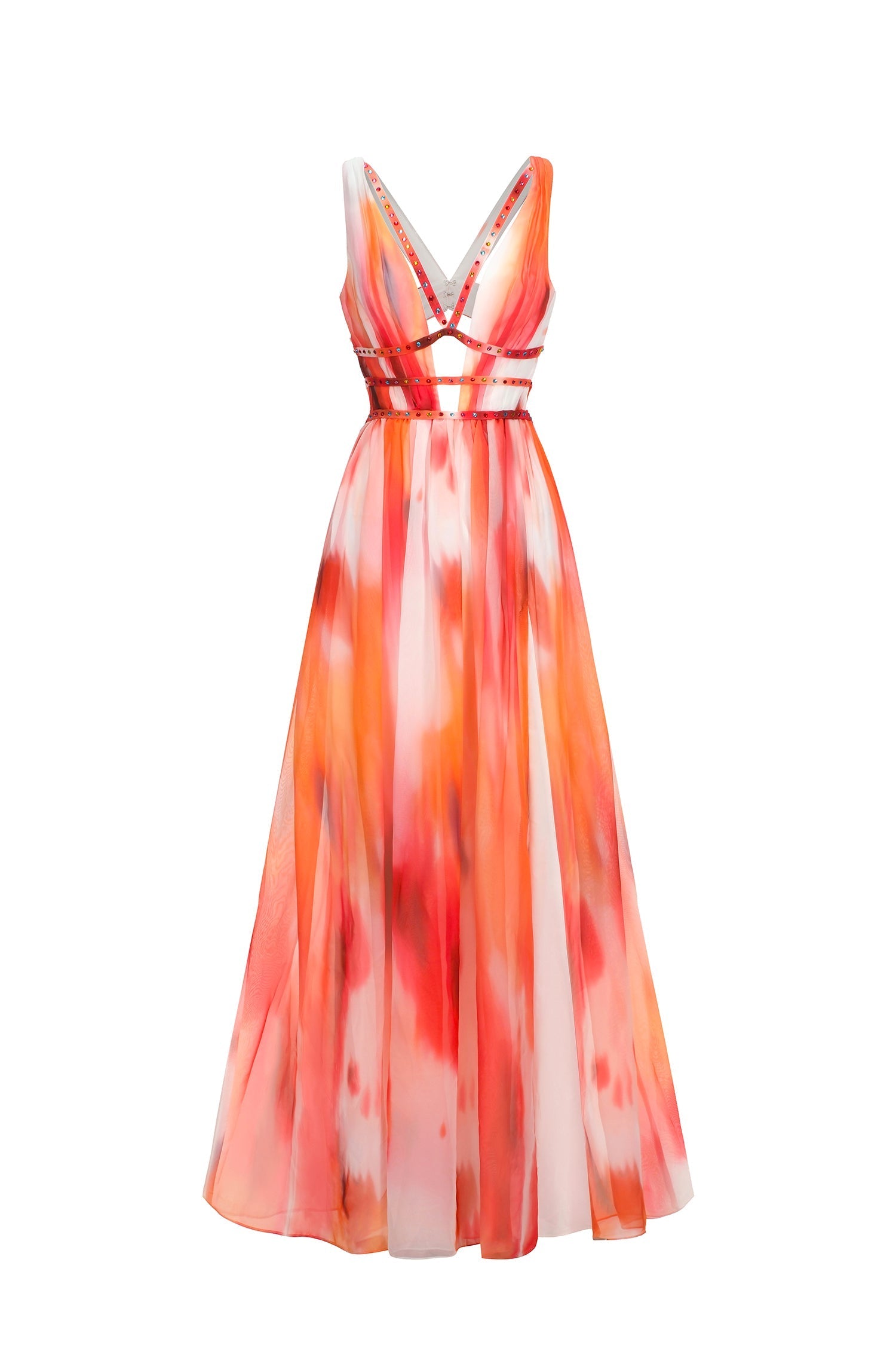 Iliana Orange Maxi Dress V-Neckline Cut-Out Accents Lightweight Fabric Summer Wedding Evening Gatherings