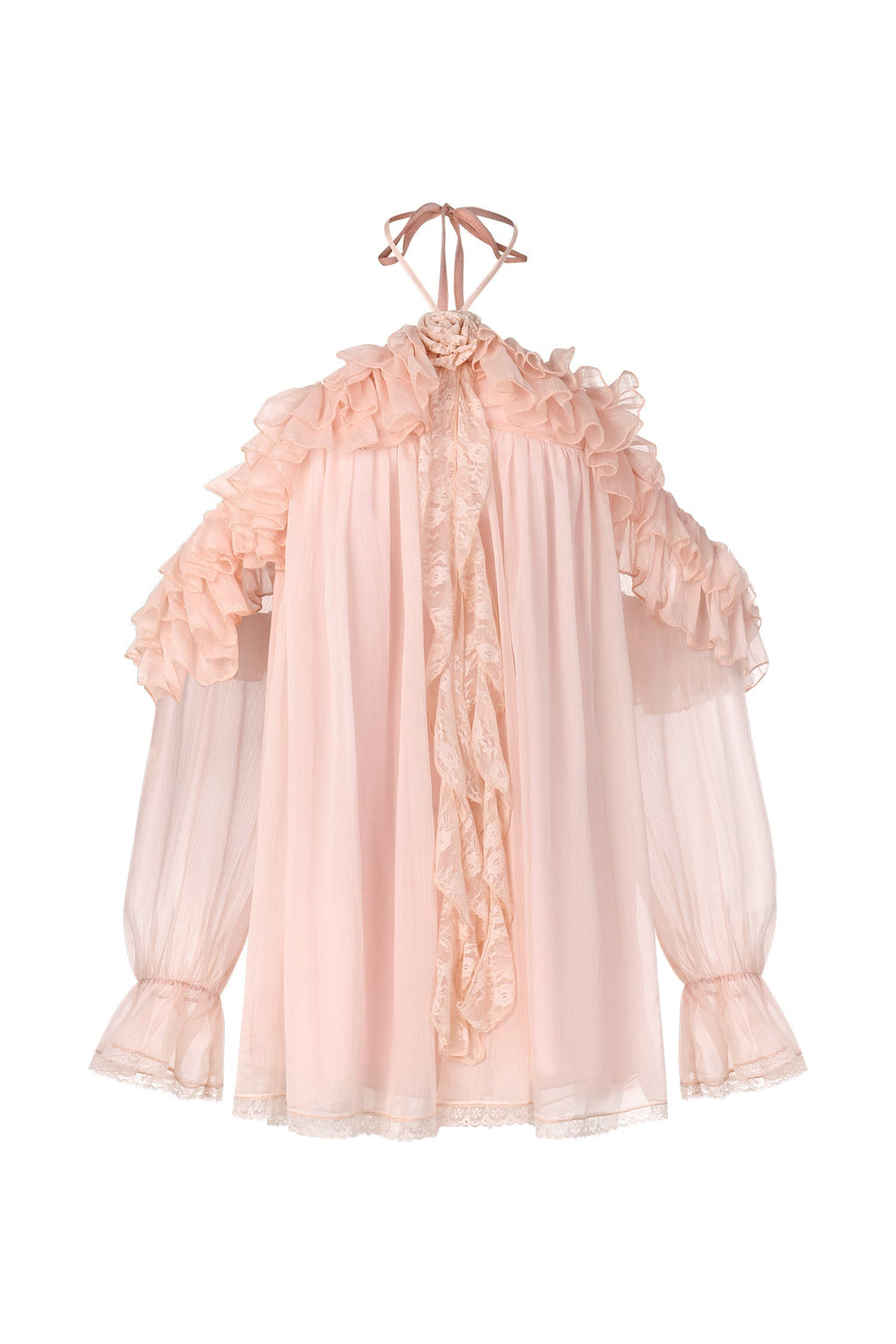 Iliana Pink Ruffled Hem Mini Dress with Flower Neckline and Puffed Sleeves
