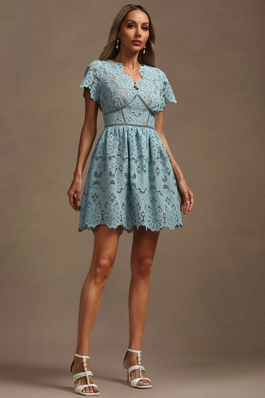 Imelda Blue Lace V-Neck Mini Dress Floral Pattern Flutter Sleeve Hourglass Fit