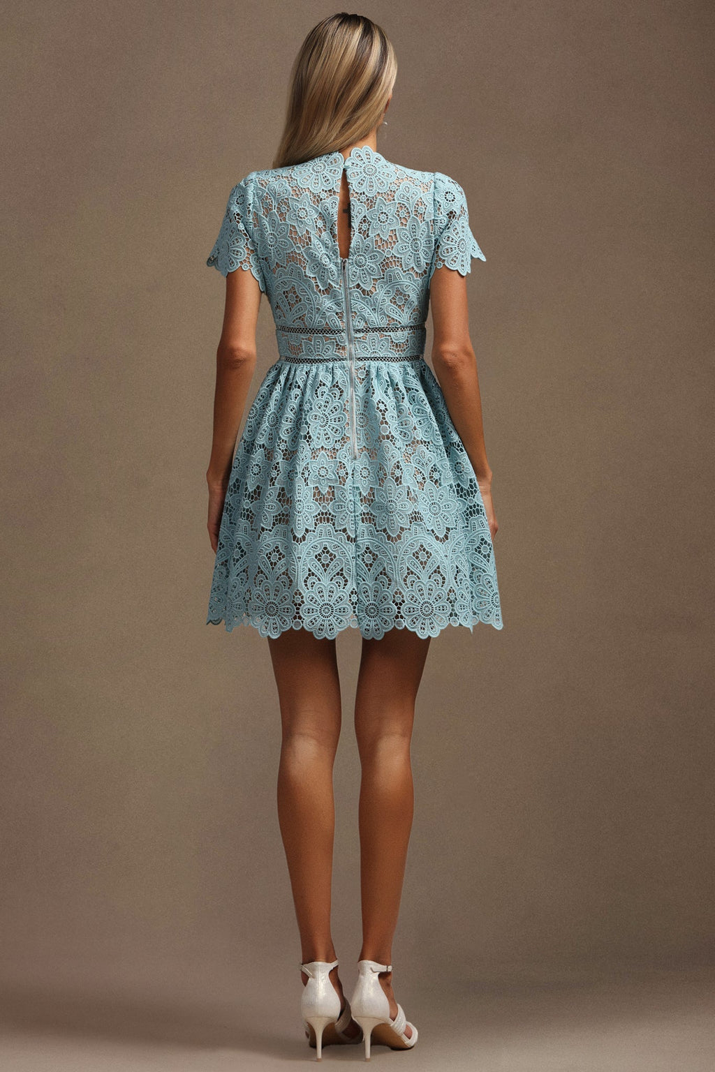 Imelda Blue Lace V-Neck Mini Dress Floral Pattern Flutter Sleeves Hourglass Fit