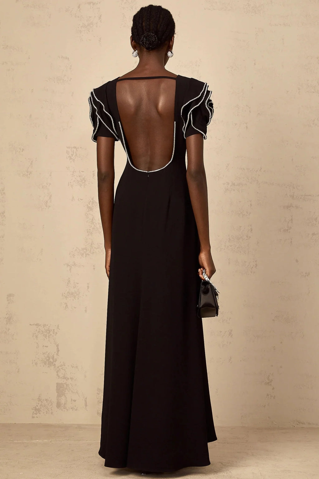 Imelda Maxi Dress Black Ruffled Crystal Embellished
