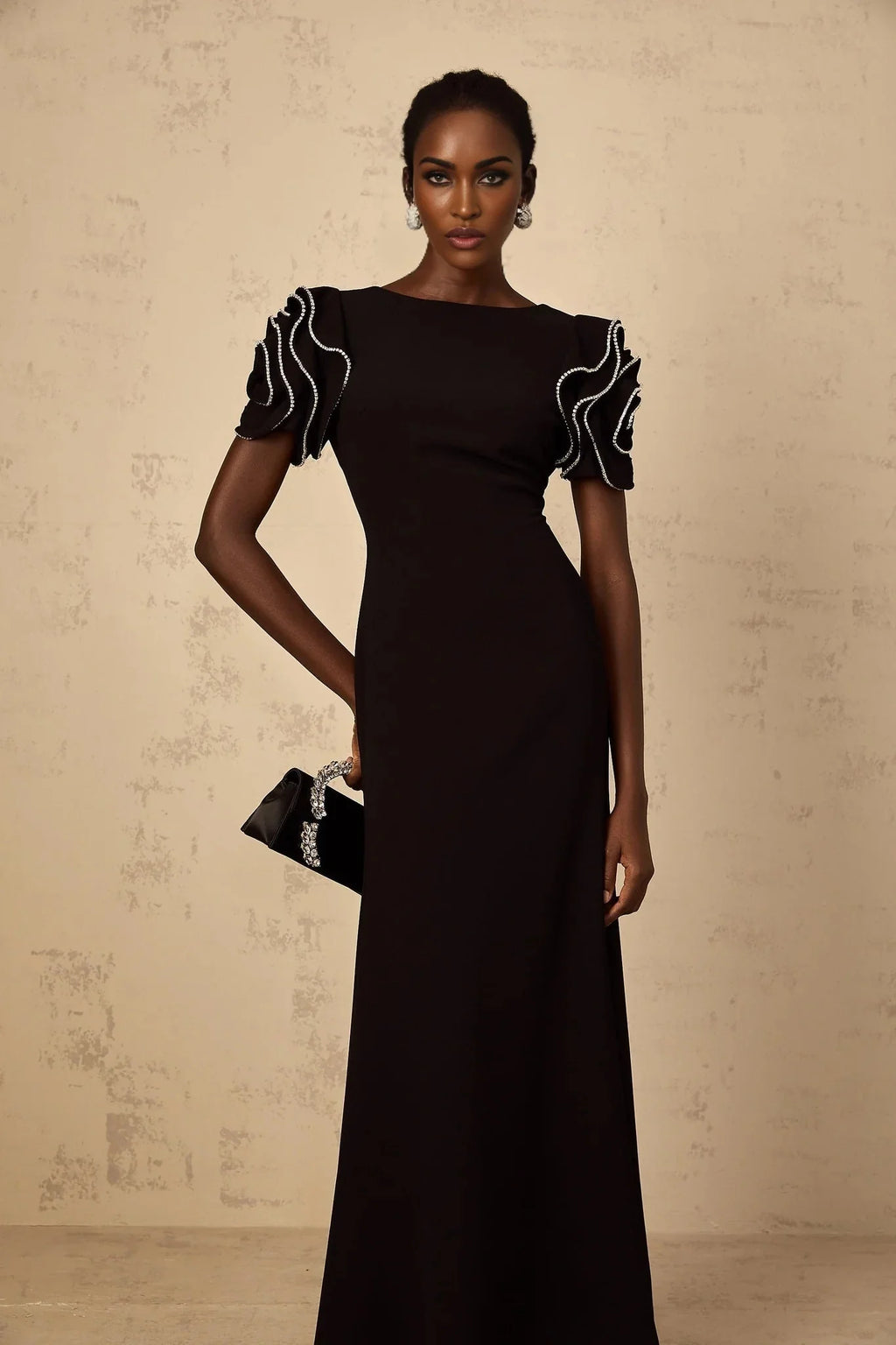 Imelda Maxi Dress Black Ruffled Crystal Embellished