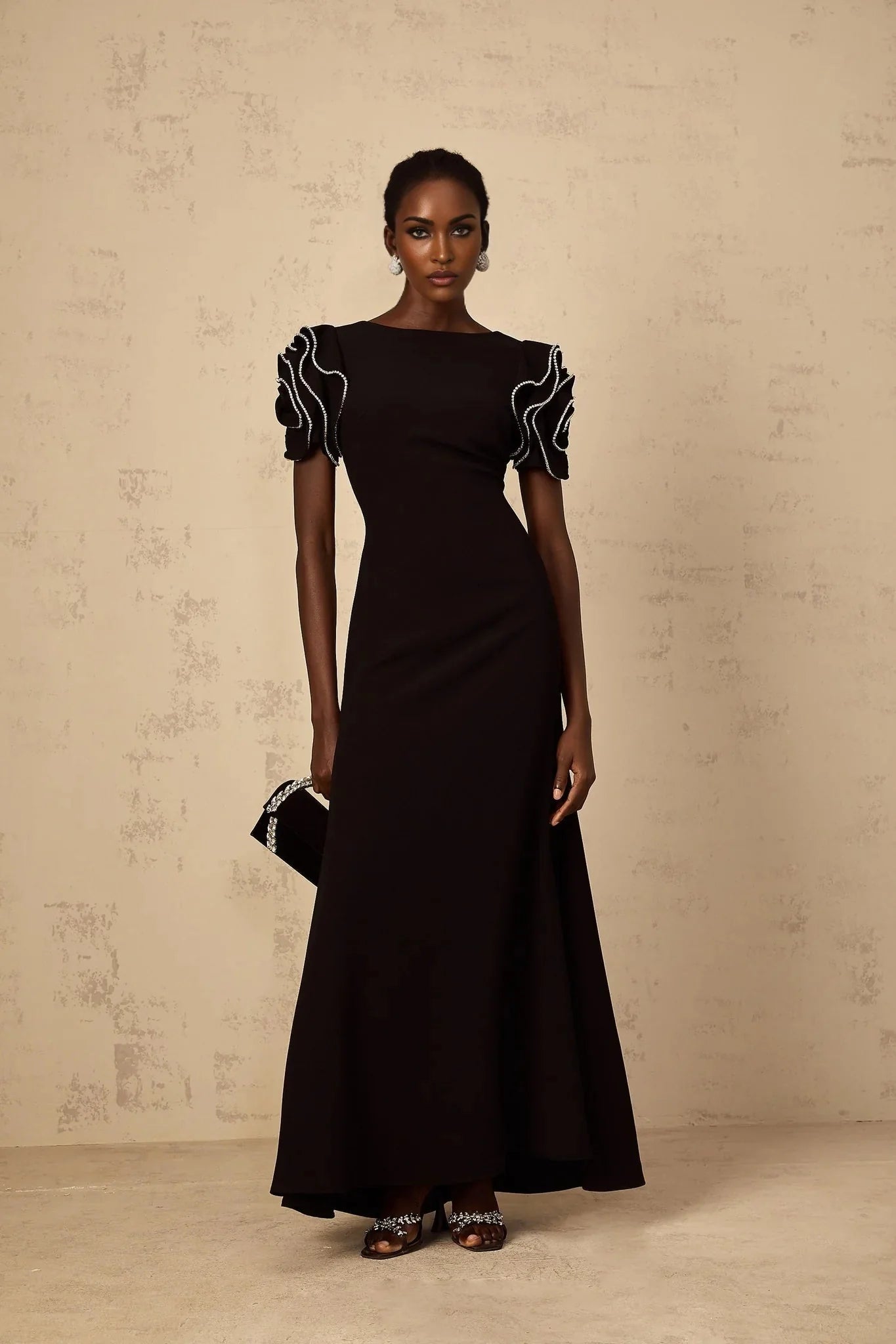 Imelda Maxi Dress Black Ruffled Crystal Embellished