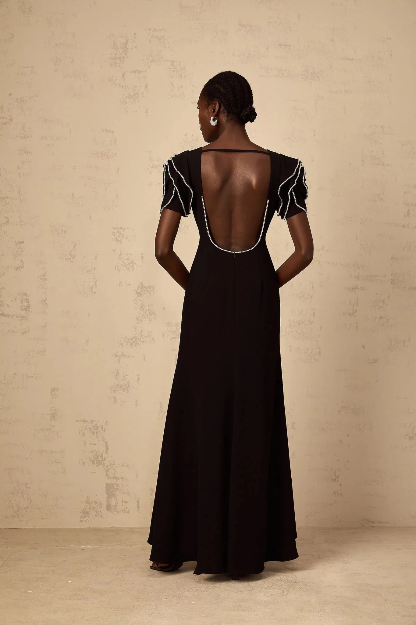 Imelda Maxi Dress Black Ruffled Crystal Embellished