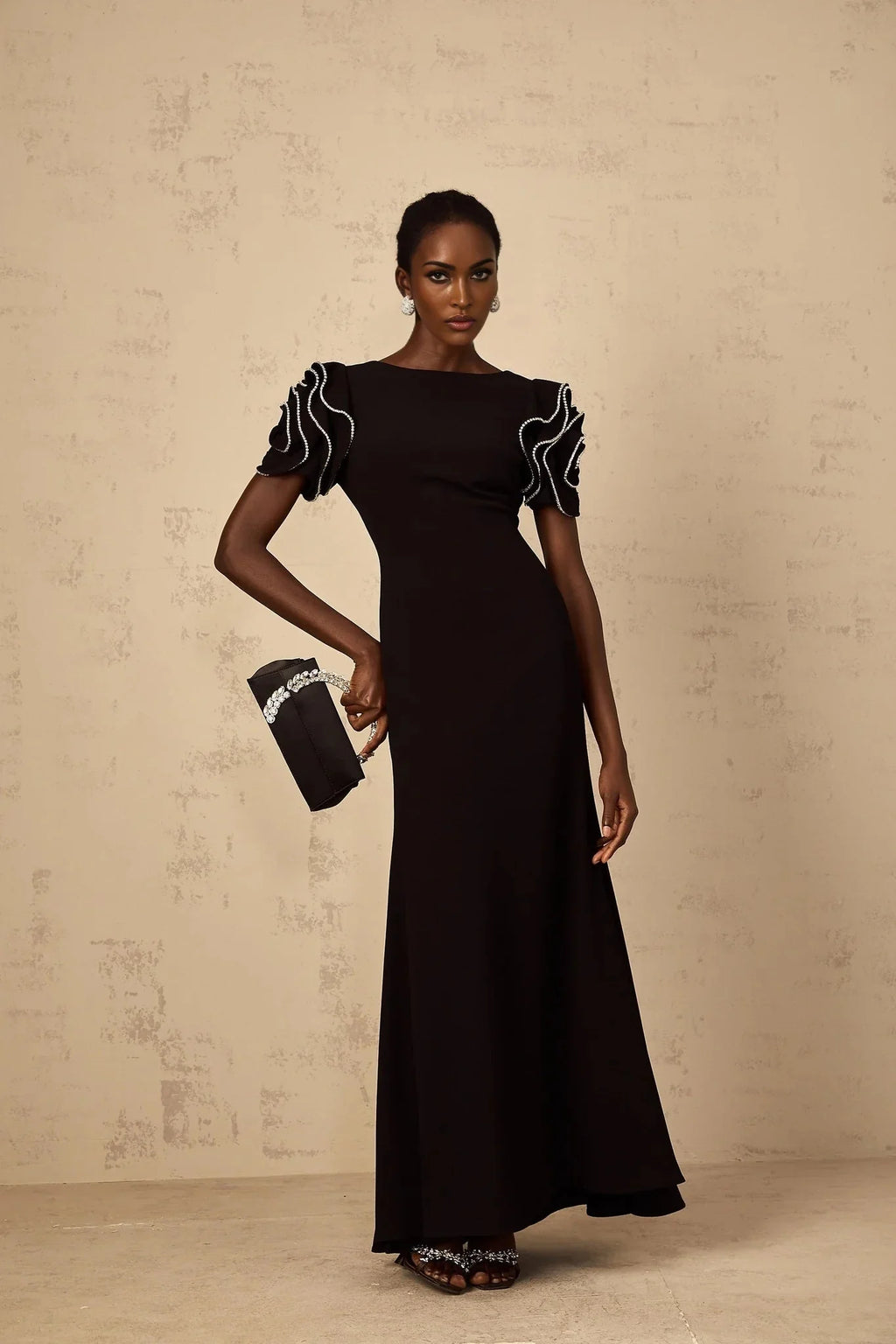 Imelda Maxi Dress Black Ruffled Crystal Embellished