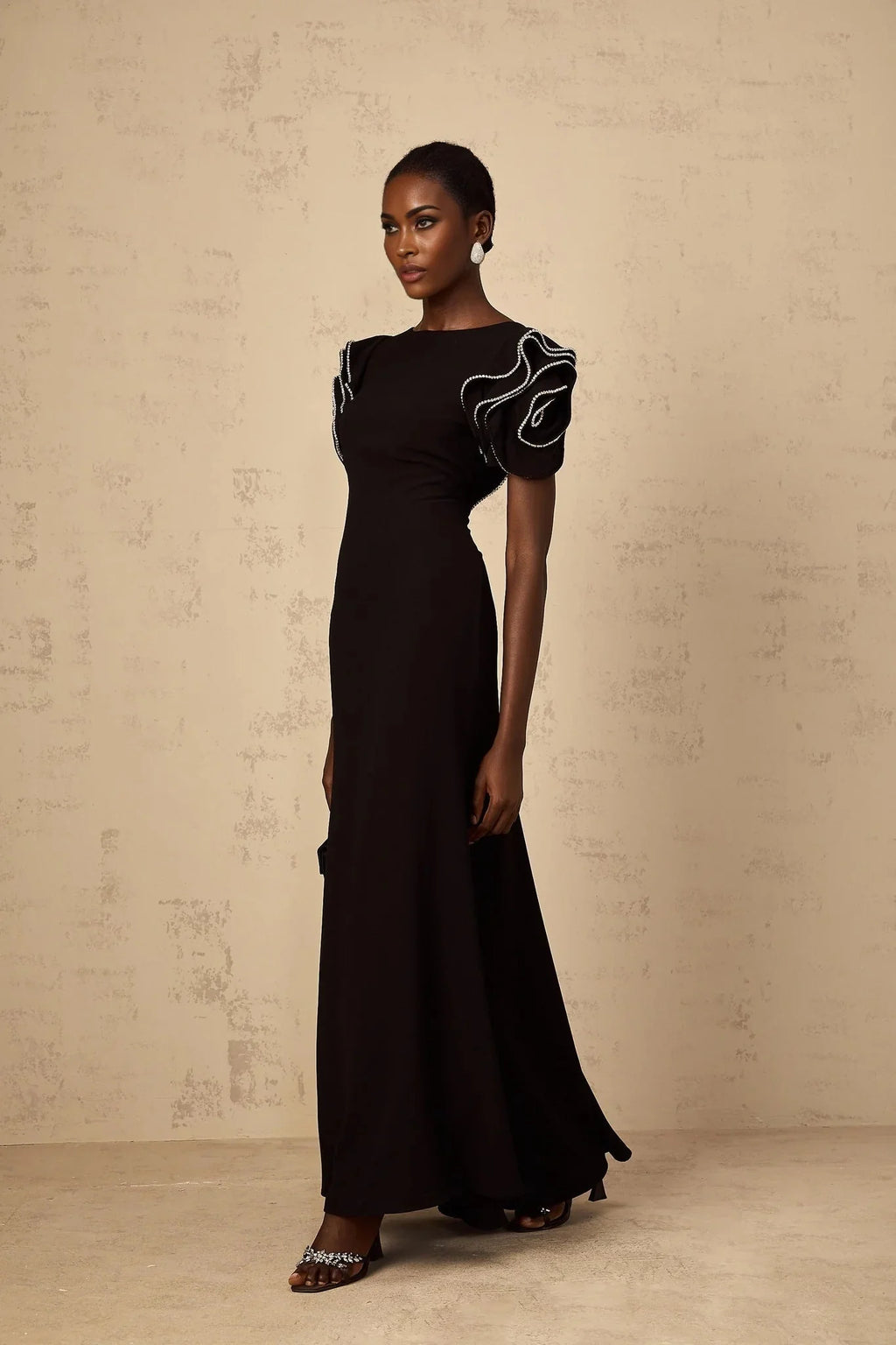 Imelda Maxi Dress Black Ruffled Crystal Embellished