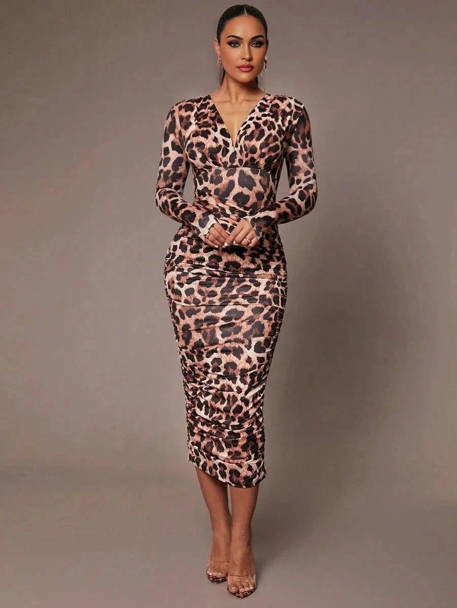 Imelda Midi Dress - V Neckline - Elegant Style - Leopard Print - Twist Details - Slim Fit
