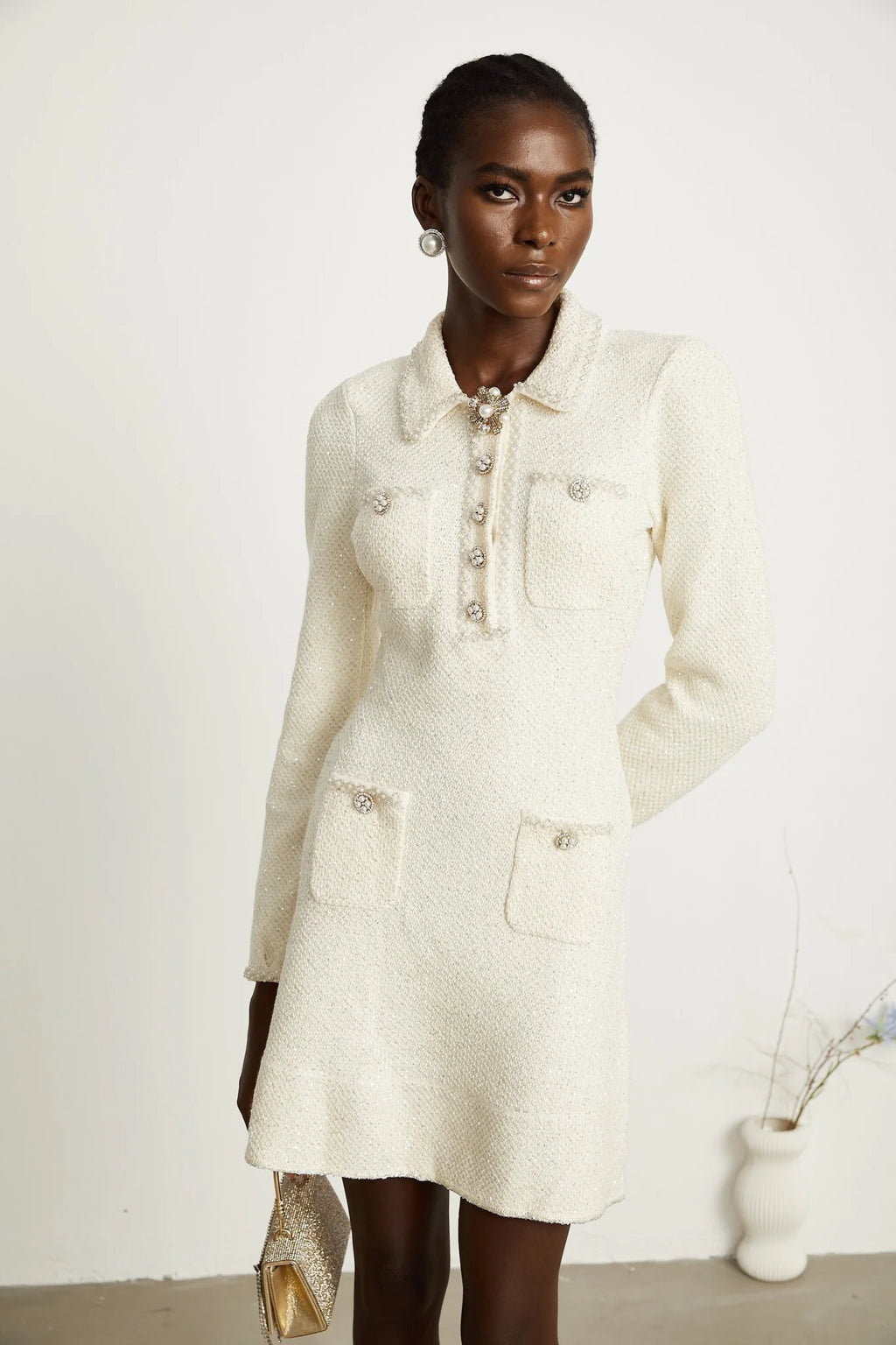 Imelda Mini Dress - Tweed Fabric - Metallic Threading - Sequin Embellishment - Spread Collar - Front Button Details