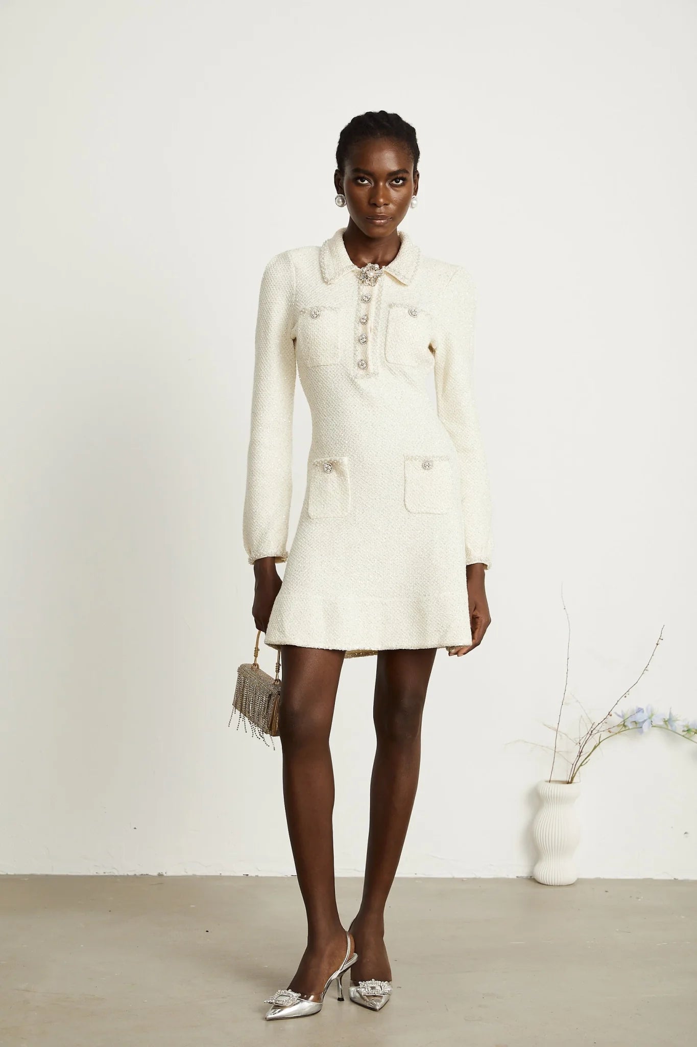 Imelda Mini Dress - Tweed Fabric - Metallic Threading - Sequin Embellishment - Spread Collar - Front Button Details