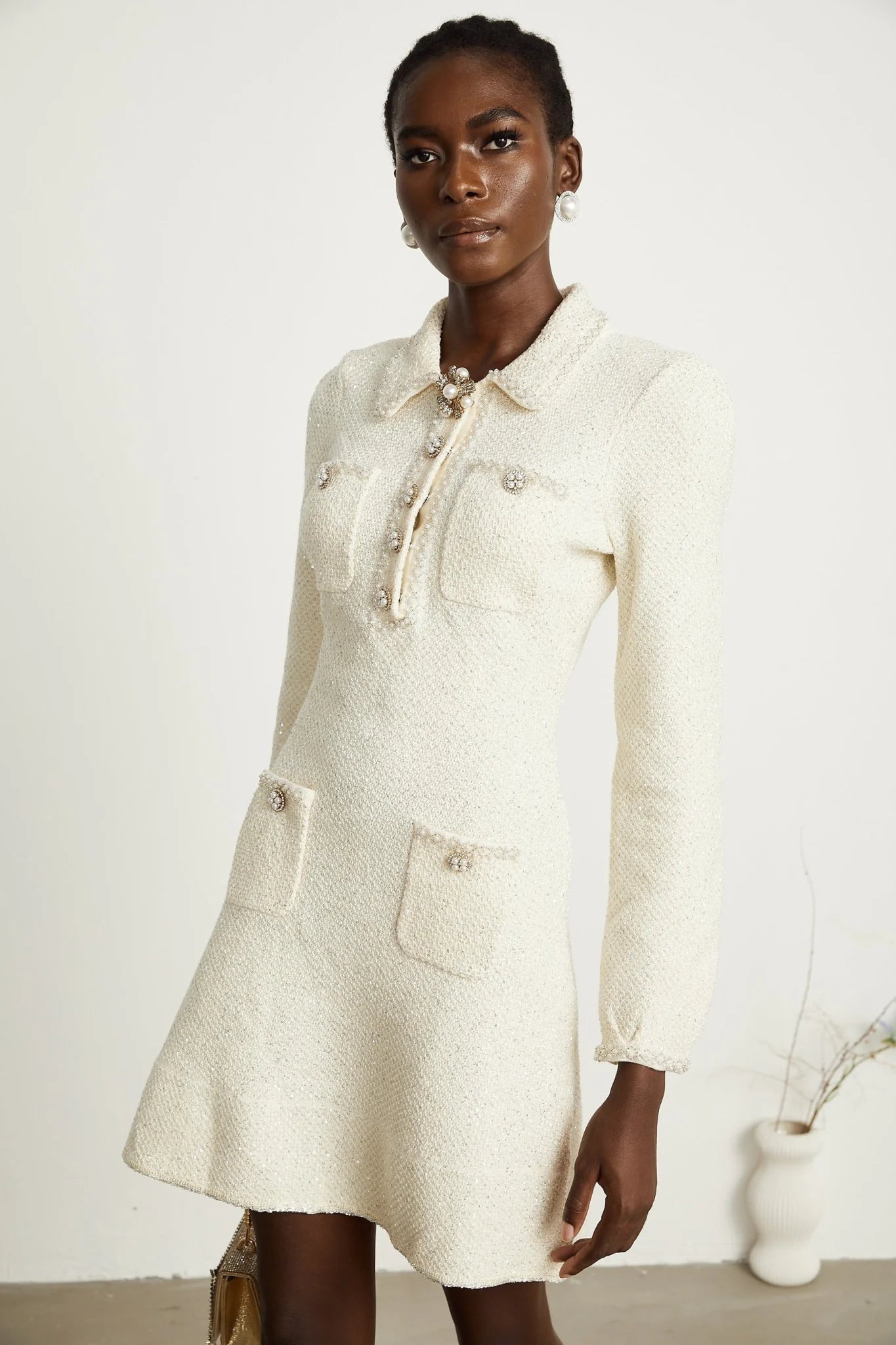 Imelda Mini Dress - Tweed Fabric - Metallic Threading - Sequin Embellishment - Spread Collar - Front Button Details