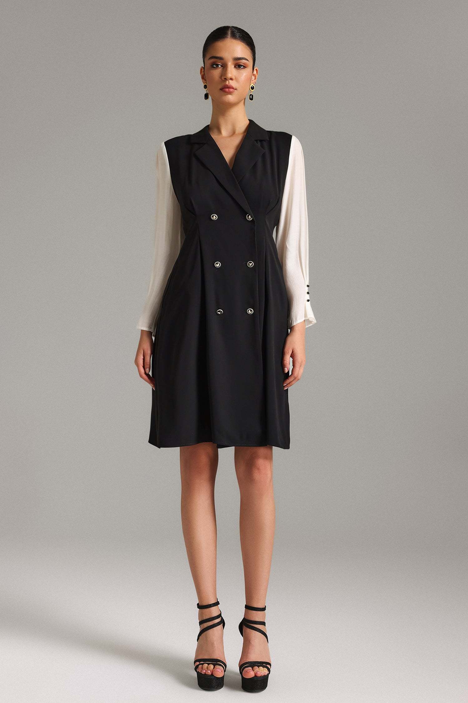Ines Black Double-Breasted Mesh Sleeve Midi Dress