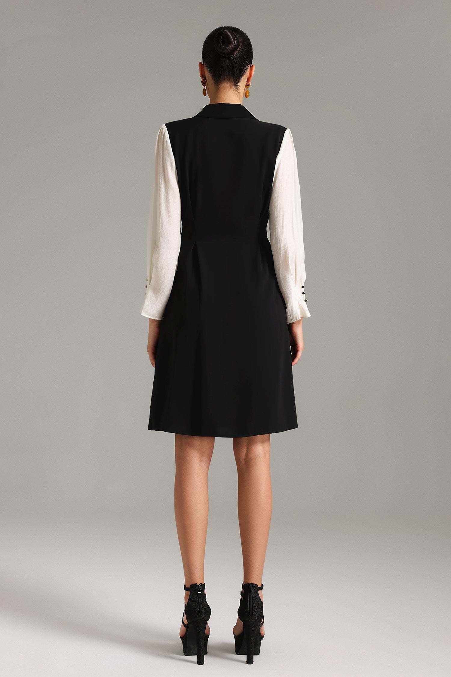 Ines Black Double-Breasted Mesh Sleeve Midi Dress