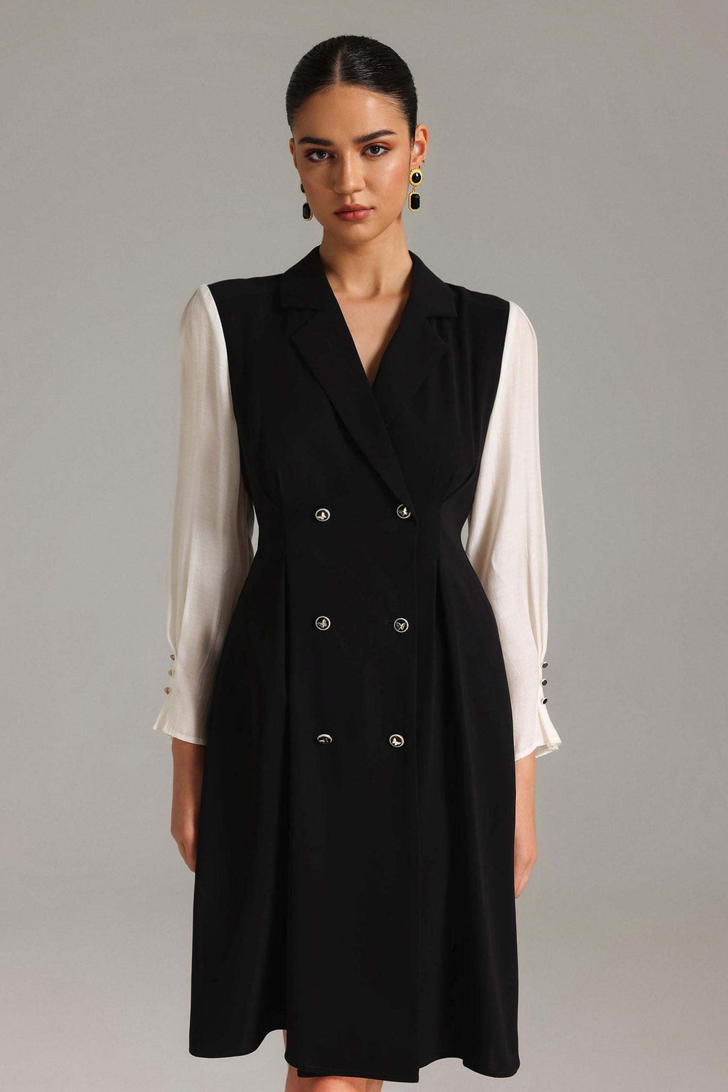 Ines Black Mesh Sleeve Double-Breasted Midi Dress