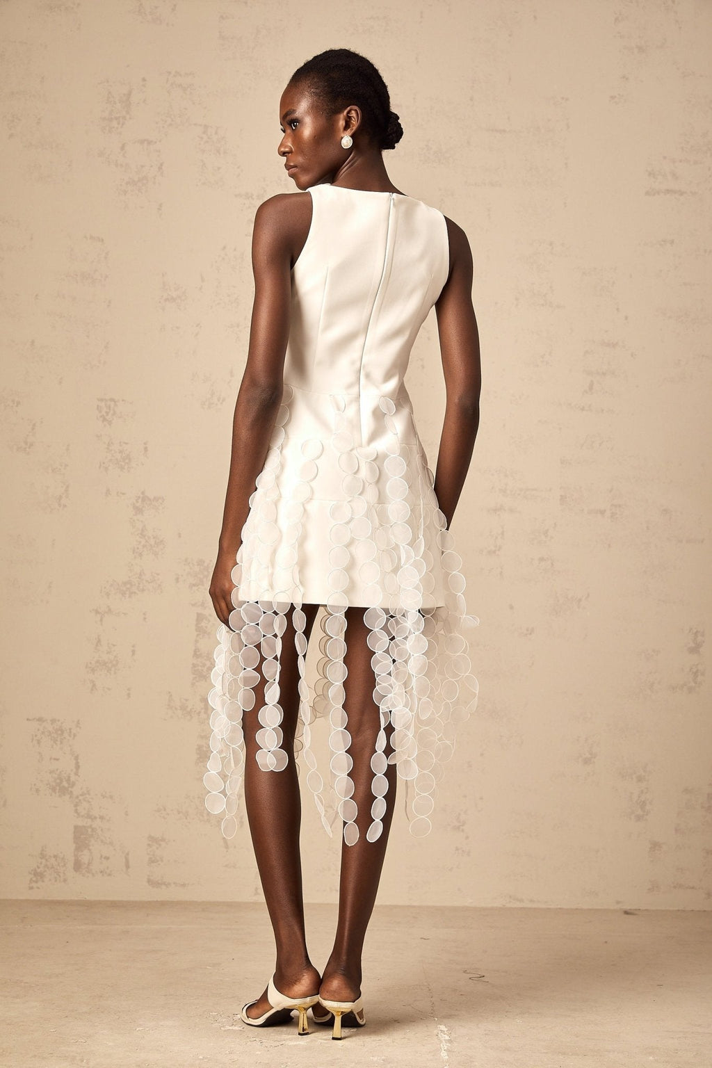 Ines Midi Dress - Bateau Neck - Sleeveless - Fringed Design - Asymmetric Hem