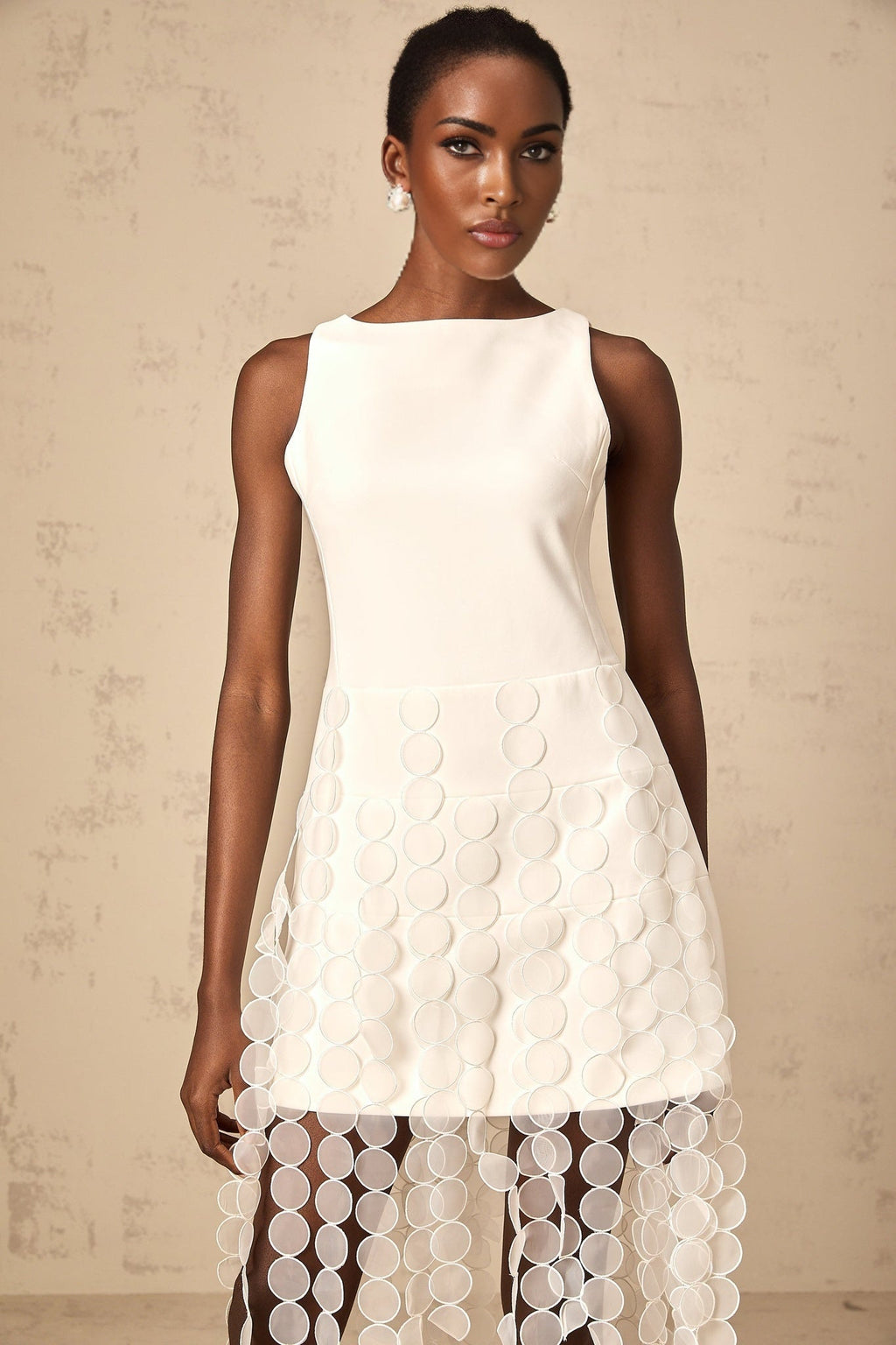 Ines Midi Dress - Bateau Neck - Sleeveless - Fringed Design - Asymmetric Hem