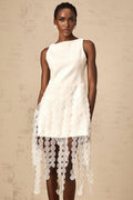 Ines Midi Dress - Bateau Neck - Sleeveless - Fringed Design - Asymmetric Hem