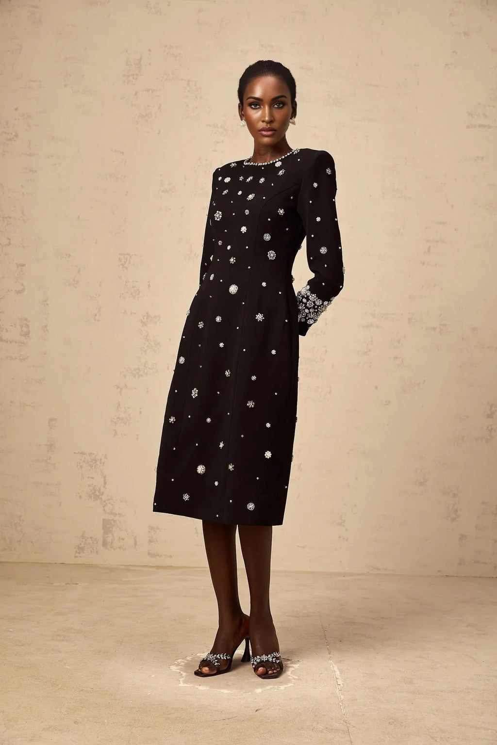 Ines Midi Dress Black Crystal Embellished & Dart Detail & Rear Slit