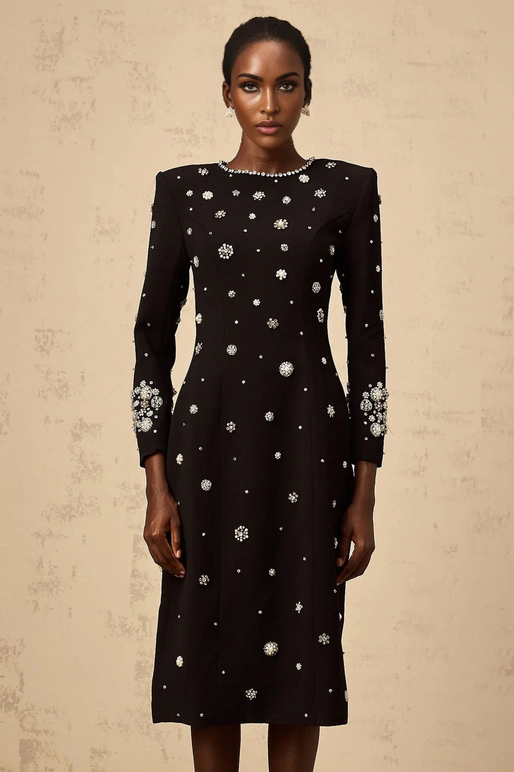 Ines Midi Dress Black Crystal Embellished & Dart Detail & Rear Slit