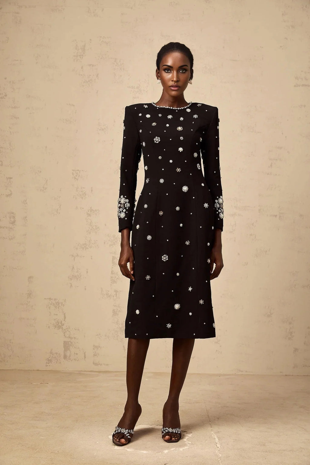 Ines Midi Dress Black Crystal Embellished & Dart Detail & Rear Slit