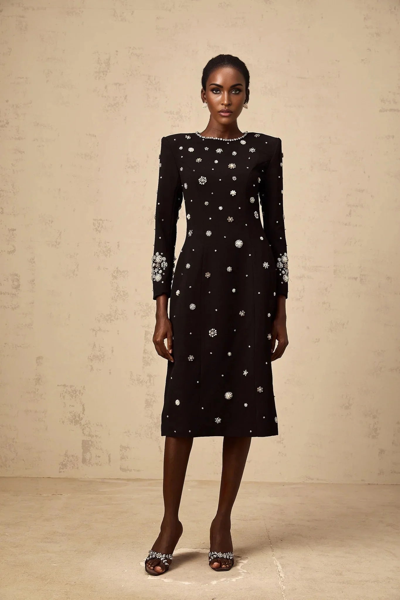 Ines Midi Dress Black Crystal Embellished & Dart Detail & Rear Slit
