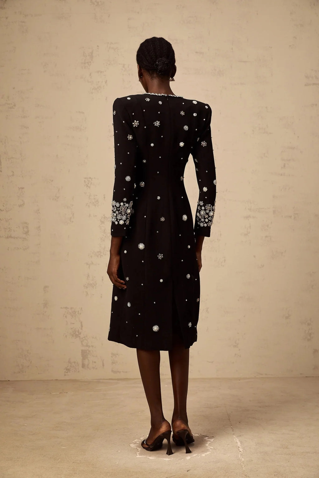 Ines Midi Dress Black Crystal Embellished & Dart Detail & Rear Slit