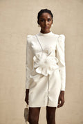 Inès Mini Dress - Long Sleeve Turtleneck - Cinched Waist - Artificial Flower Decoration
