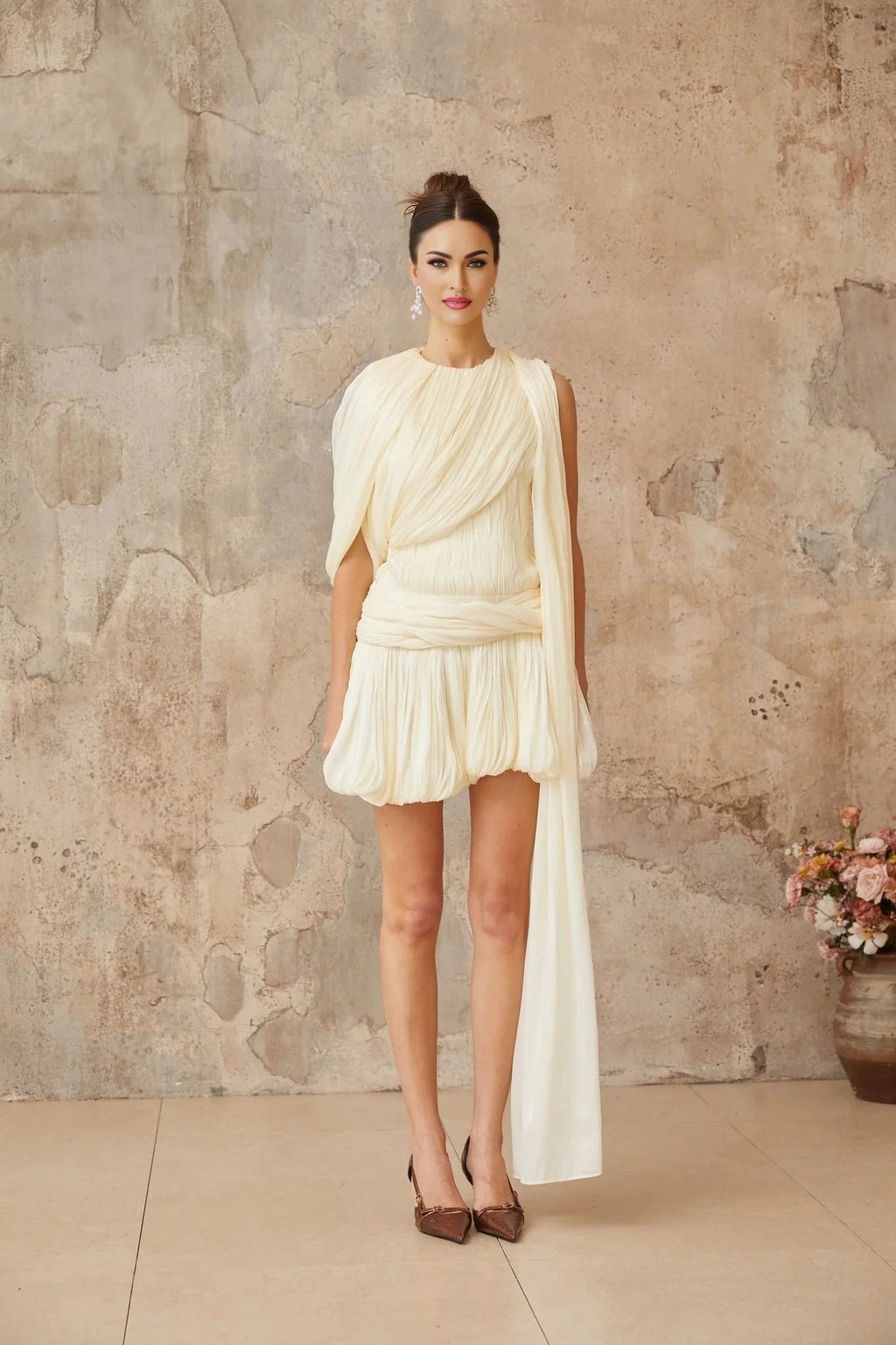 Ines Mini Dress Pleated Ribbon Design & Glitter Detail