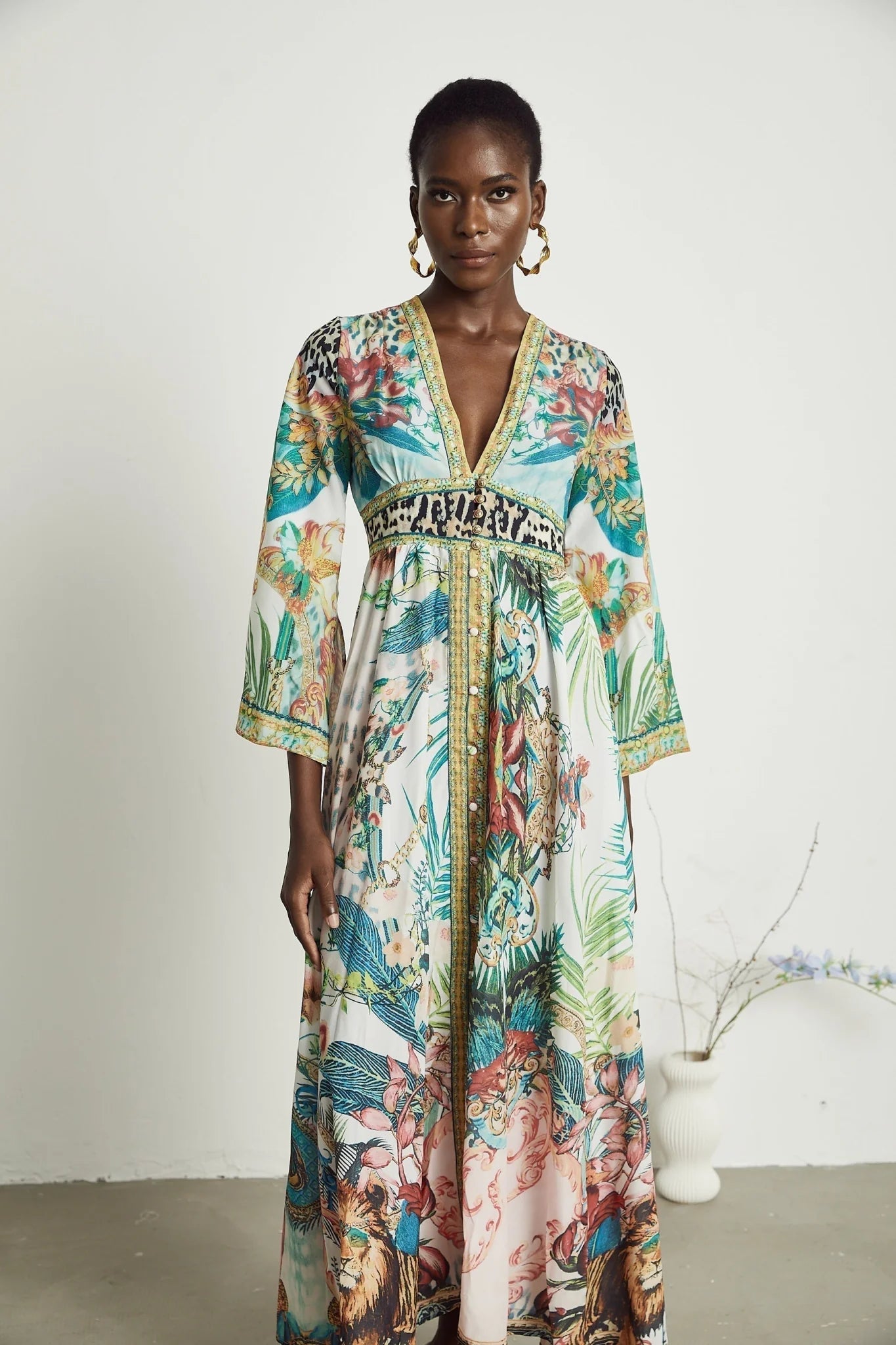 Iolanda Maxi Dress - Long Sleeved - Plunging V - neckline - Fitted Waistline - Front Button Fastening