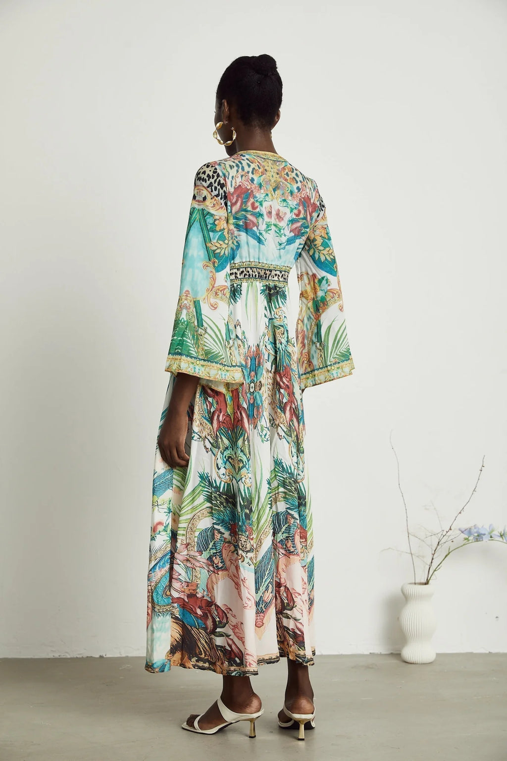 Iolanda Maxi Dress - Long Sleeved - Plunging V - neckline - Fitted Waistline - Front Button Fastening
