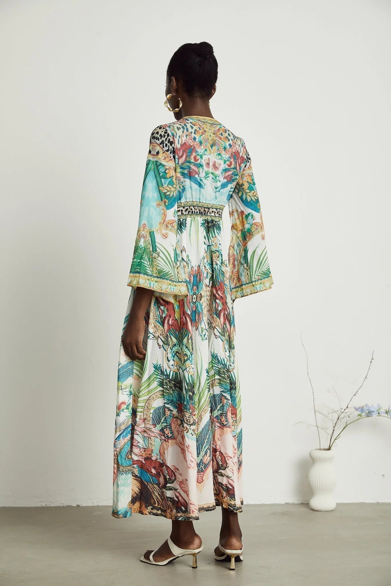 Iolanda Maxi Dress - Long Sleeved - Plunging V - neckline - Fitted Waistline - Front Button Fastening