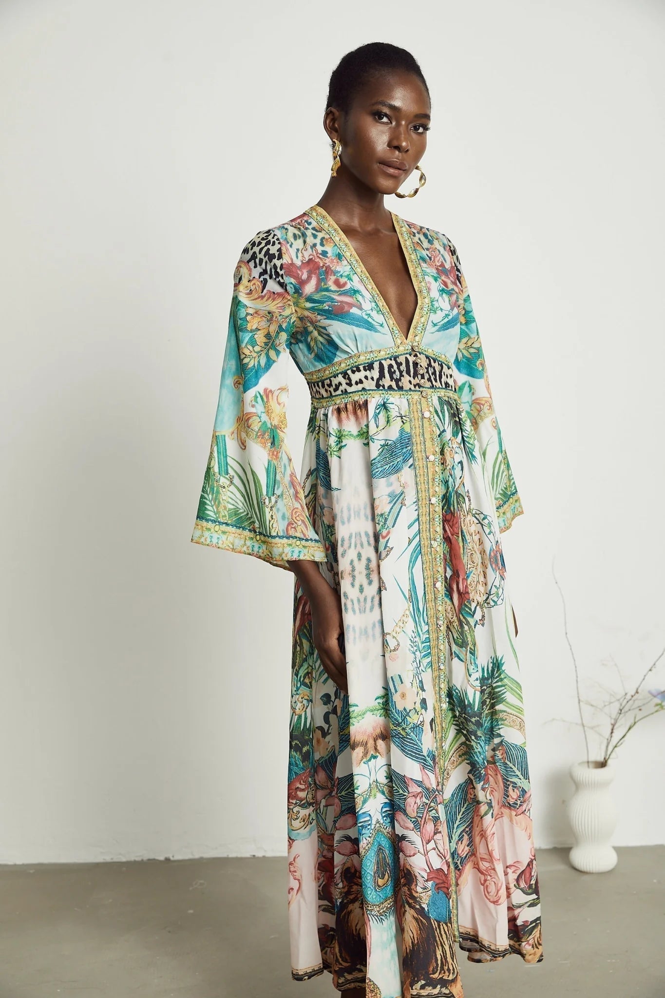 Iolanda Maxi Dress - Long Sleeved - Plunging V - neckline - Fitted Waistline - Front Button Fastening