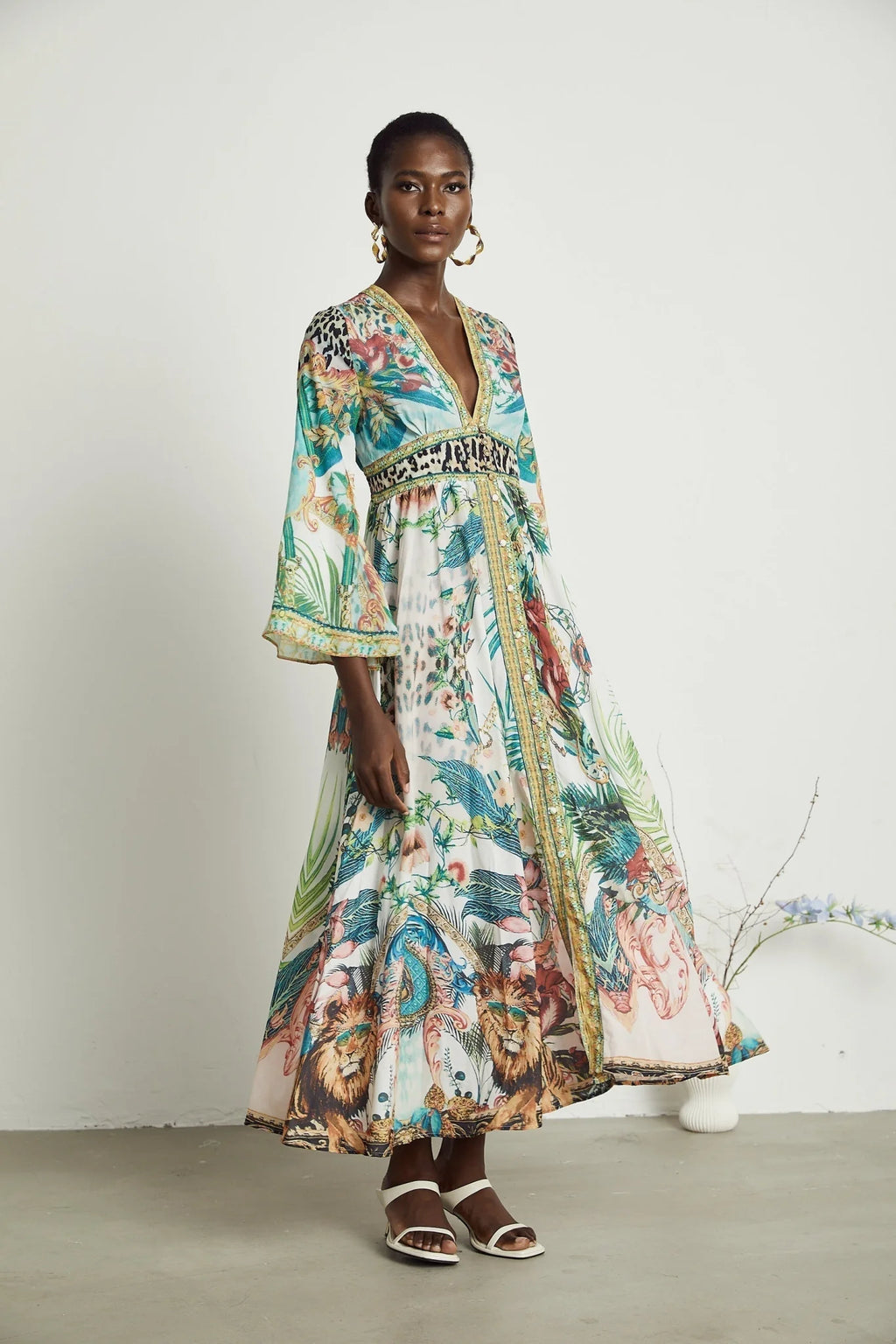 Iolanda Maxi Dress - Long Sleeved - Plunging V - neckline - Fitted Waistline - Front Button Fastening