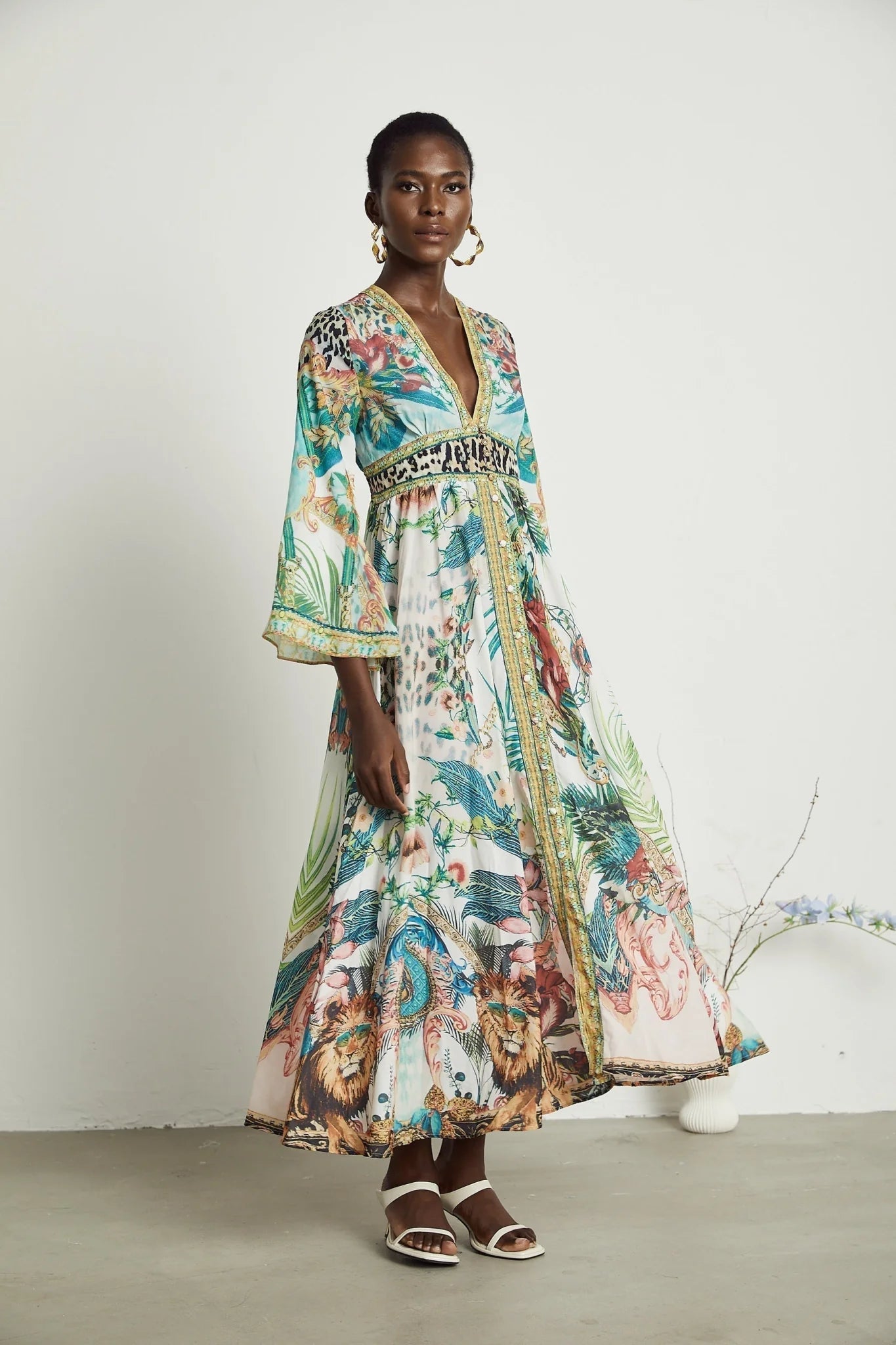 Iolanda Maxi Dress - Long Sleeved - Plunging V - neckline - Fitted Waistline - Front Button Fastening