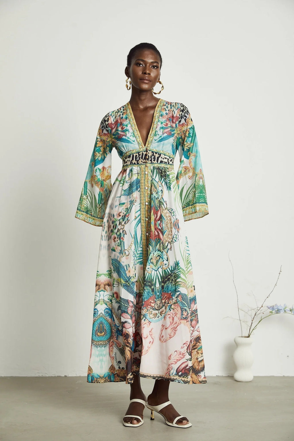 Iolanda Maxi Dress - Long Sleeved - Plunging V - neckline - Fitted Waistline - Front Button Fastening