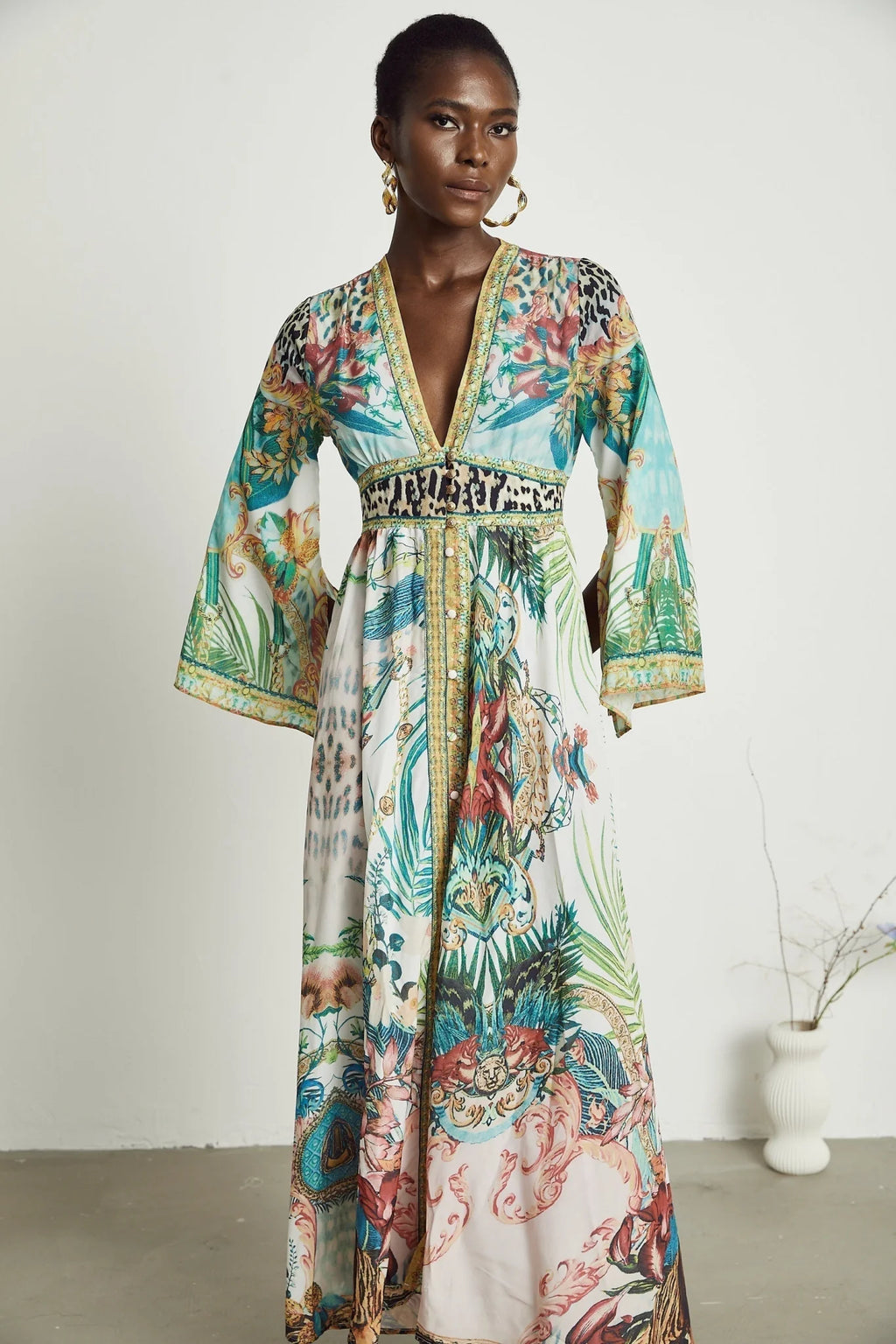 Iolanda Maxi Dress - Long Sleeved - Plunging V - neckline - Fitted Waistline - Front Button Fastening