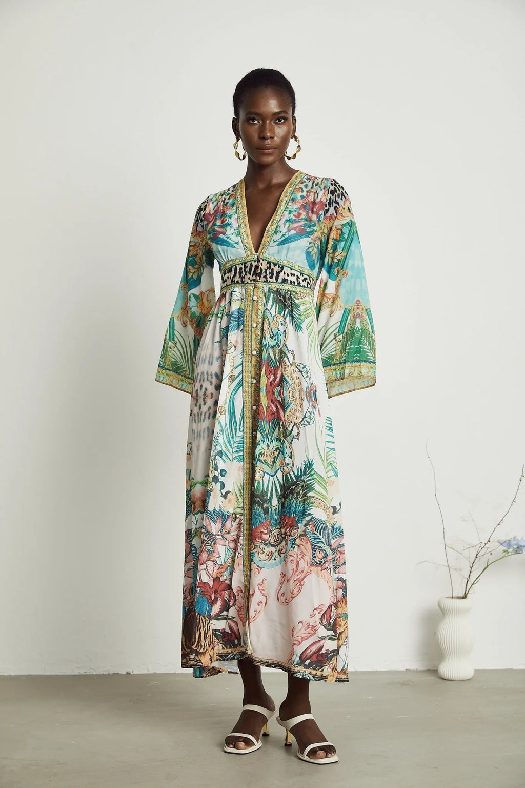 Iolanda Maxi Dress - Long Sleeved - Plunging V - neckline - Fitted Waistline - Front Button Fastening